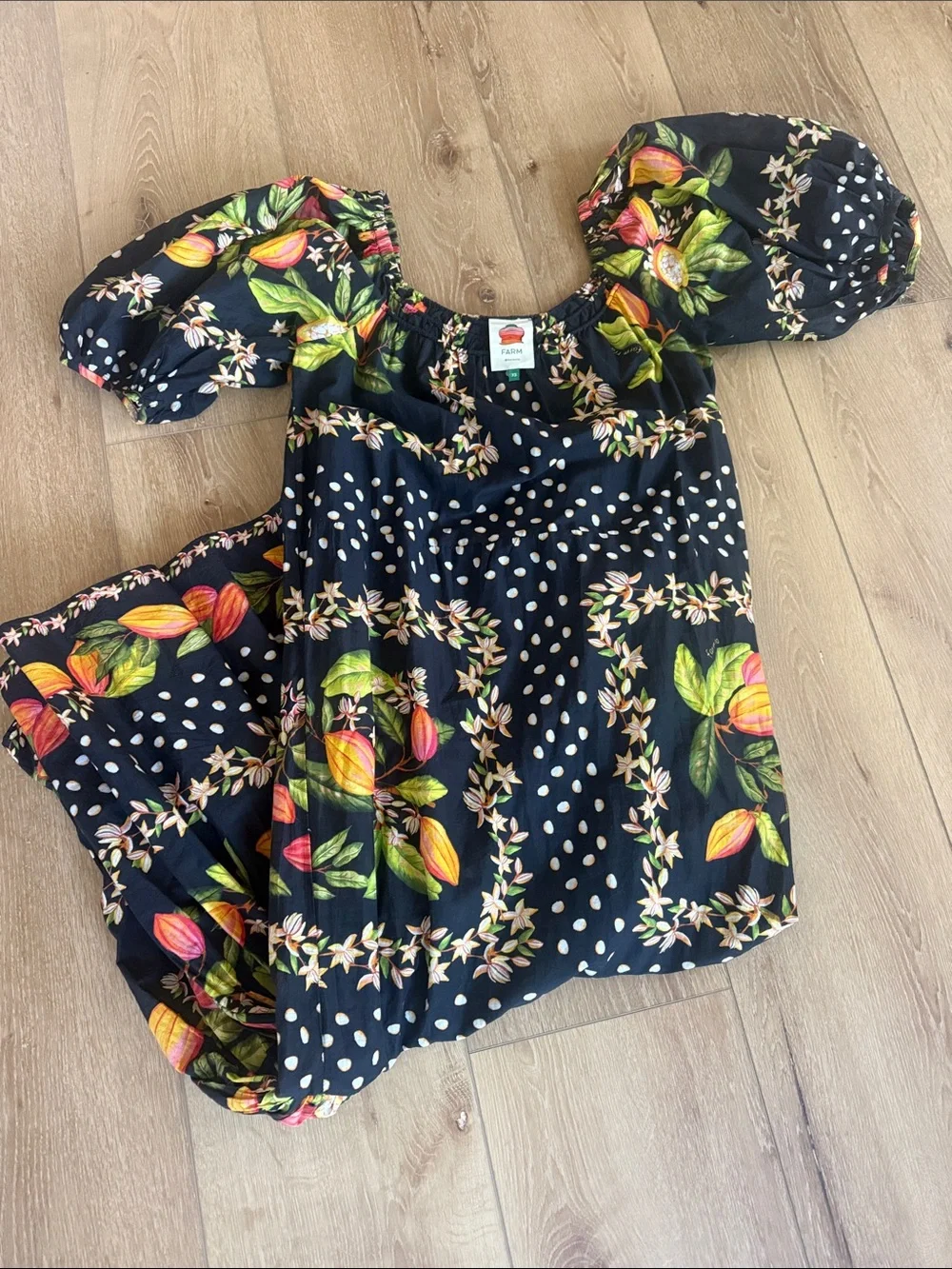 FARM Rio Black Floral & Polka Dot Puff-Sleeve Dress - Picture 1 of 3